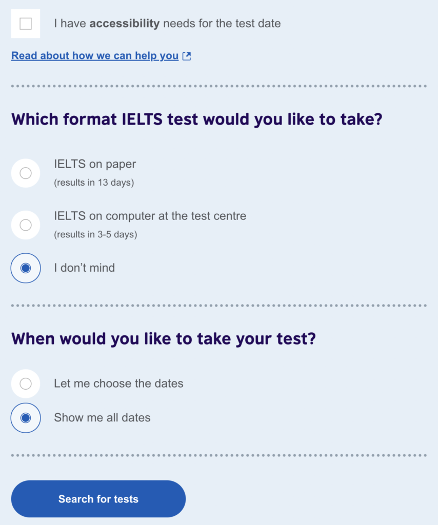 Booking an IELTS exam in Canada - Test options