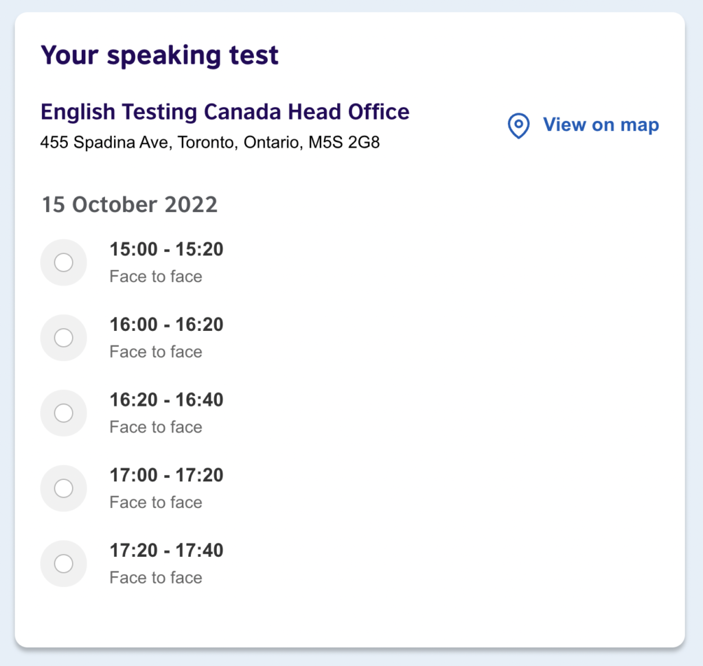 Booking an IELTS exam in Canada - Speaking test time