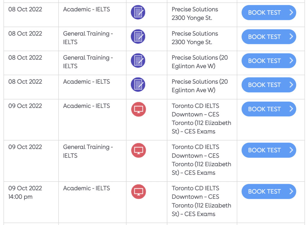 IDP IELTS test dates and times